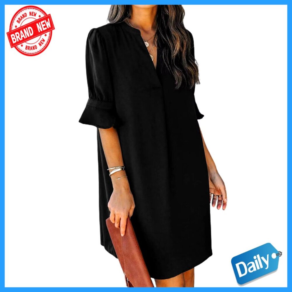 Polyester V-Neck Ruffle Shift Dress Casual Summer Wear